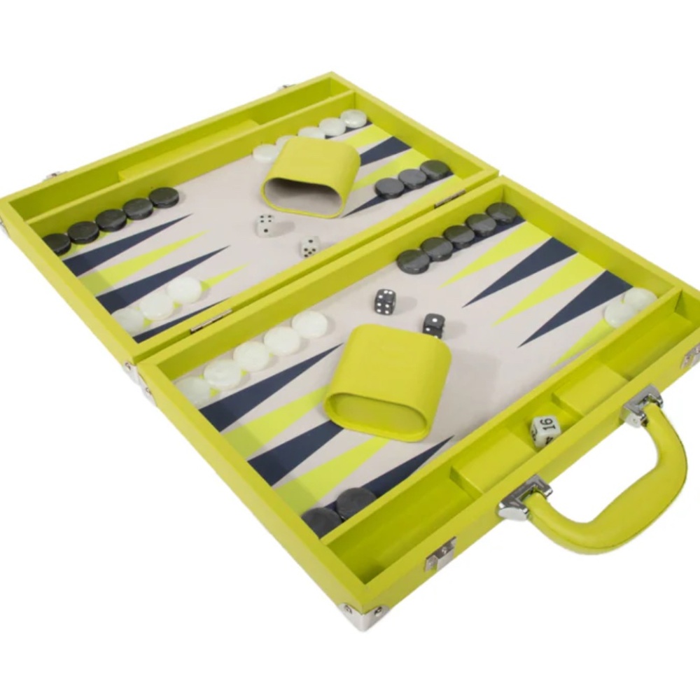 Ellen Backgammon Set Lime Vegan Leather Case Game By Brouk & Co 15x10.5” NEW - Picture 2 of 8